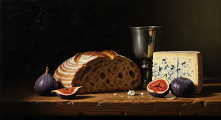 Rustic still life oil painting of artisan sourdough bread, ripe purple figs, gourmet blue cheese, and a silver goblet on a dark wooden table, evoking classic European cuisine and rich textures.