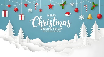 Merry christmas paper cut landscape with snow, pine trees, and festive hanging ornaments like stars, candy canes, bells, gift boxes, and snowflakes on blue