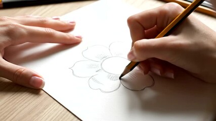Time-lapse of a young woman artist's hands drawing a delicate flower with a pencil on paper
