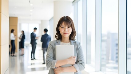 Portrait of a confident young Asian businesswoman holding a laptop in a modern office hallway