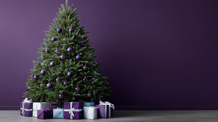christmas tree with flat circular tree topper, deep purple studio background, presents under the tree