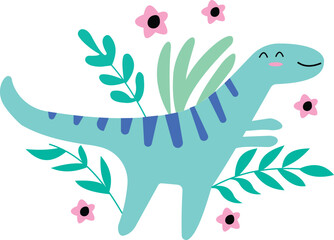 Cute Teal Dinosaur with Pink Flowers and Green Leaves Illustration blue