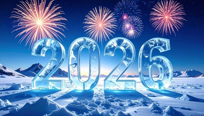 Ice-like 2026 glows in fireworks—ritual of frozen celebration and luminous transition, where snowy peaks and mirrored numerals choreograph the emotional architecture of time, wonder, and renewal.