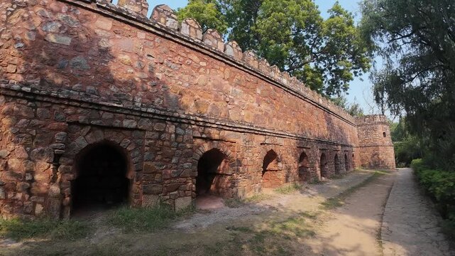 The High, Fortified Exterior Enclosure Wall of the Tomb of Sikandar Lodhi in Lodhi Gardens, Delhi, India 