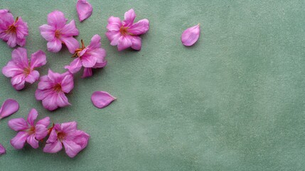 Fototapeta premium Delicate Pink Blossoms on Soft Mint Background Featuring Flowers and Petals in a Natural Arrangement for Backgrounds and Floral Designs
