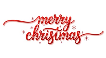 Merry christmas red glitter text with festive snowflakes, elegant calligraphy script for holiday greeting card design, isolated on white background