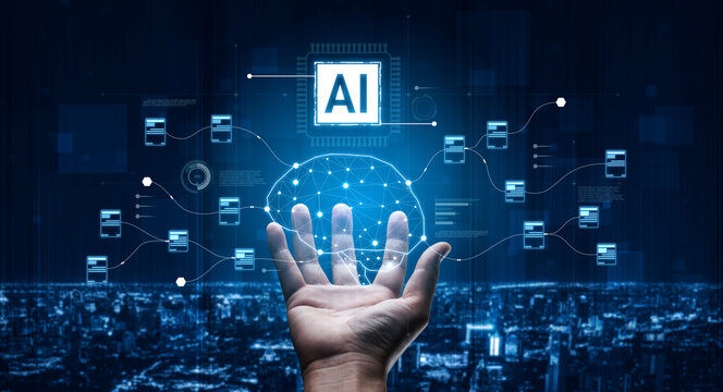AI neural network and data processing system visualizing artificial intelligence with brain structure, chip, and connected data blocks for computation and learning Vouch