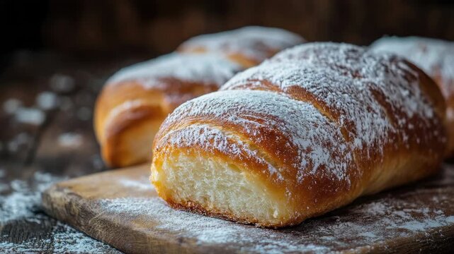 Video Freshly baked croissants on a rustic wood cutting board