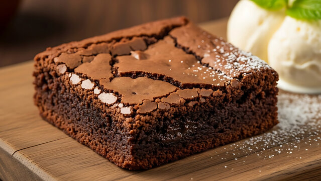 Rich and fudgy chocolate brownie with a crackly top, dusted with powdered sugar and served with vanilla ice cream. A delicious and indulgent dessert.