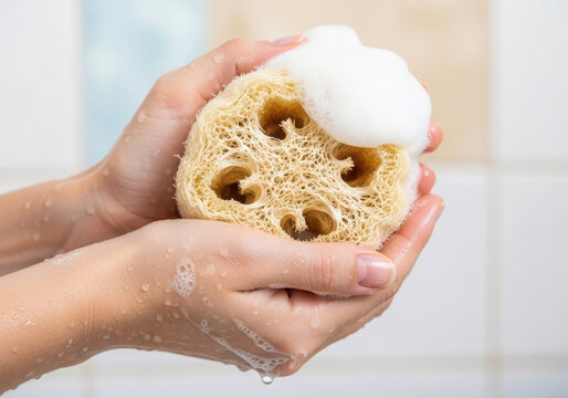 Hands holding a natural loofah sponge with soap bubbles