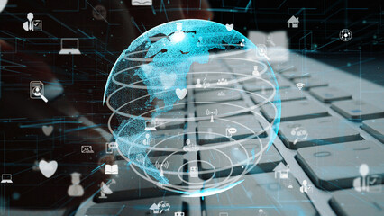 A captivating digital design showcasing a glowing globe surrounded by various icons over a laptop keyboard, symbolizing communication and global interaction. Xenic