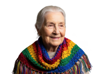 Smiling elderly woman in rainbow crocheted shawl isolated on transparent background