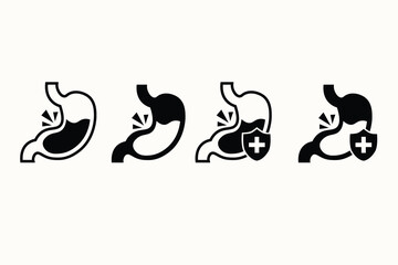 Vector icon set of stomach health symbols showing digestion and medical treatment concepts. Clean minimal design suitable for healthcare, anatomy, wellness, clinic materials, and medical illustrations
