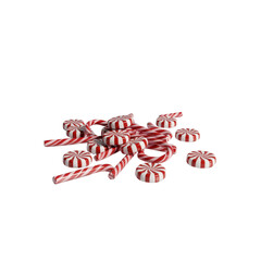 Pile of peppermint candy canes and starlight mints isolated on transparent background
