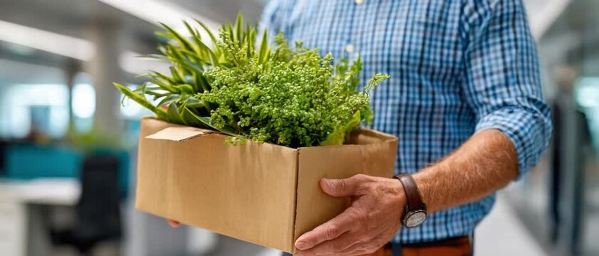 Uncertain Farewell: A mature individual carries a cardboard box filled with leafy green plants, representing a significant workplace transition. Captured indoors, the scene evokes mixed emotions.