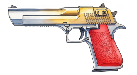 Detailed illustration of a golden and silver handgun with red grips