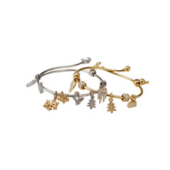 Delicate silver and gold charm bracelets with festive holiday charms isolated on transparent background