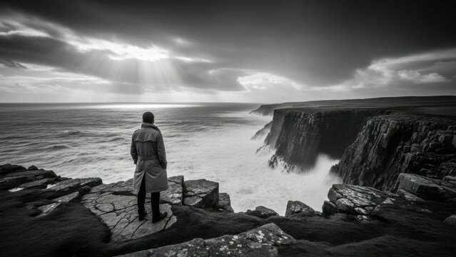 Monochromatic contemplation: A lone figure observes the tempestuous meeting of sea and cliffside - Powered by Adobe