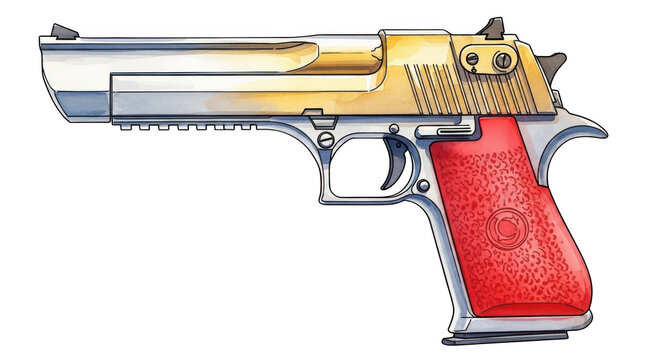 Detailed illustration of a golden and silver handgun with red grips - Powered by Adobe