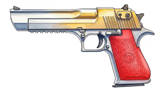 Detailed illustration of a golden and silver handgun with red grips