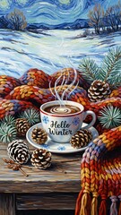 Winter cup of coffee with pinecones