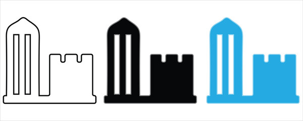 Building and castle wall icon set in outline, black, and blue variations