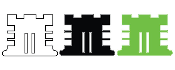 Three stylized rook chess pieces or castle towers, isolated on