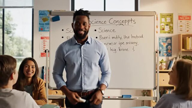Instructor demonstrates scientific principles using whiteboard in classroom setting