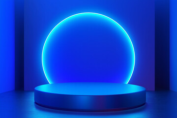Abstract realistic 3d blue cylinder pedestal podium with a dark blue abstract room with semi circle glowing neon lighting scene. Rendering product display presentation. Round podium background