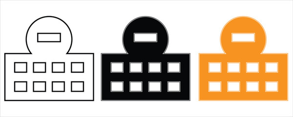Three simple building icons in outline, black, and orange, isolated on