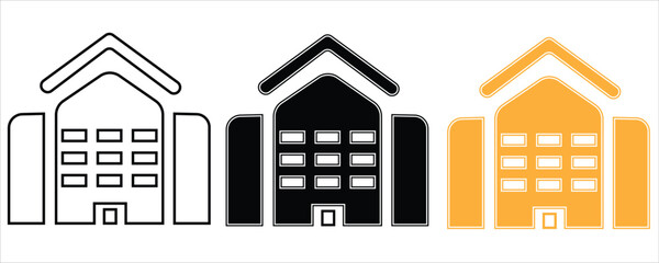 Stylized building icons set in outline, black, and orange variations