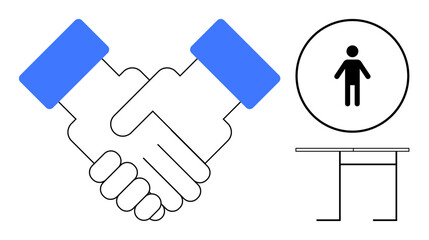 Handshake representing partnership, circular icon with person symbolizing individuality, and a simple desk. Ideal for business, collaboration, teamwork, leadership, negotiation, professional ethics