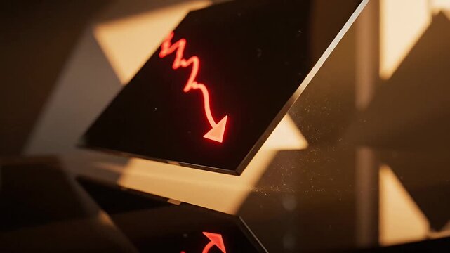 Abstract Red Downward Trend Graph Digital Animation on Dark Reflective Surface Indicating Financial Market Decline Economic Recession Stock Loss or Business 