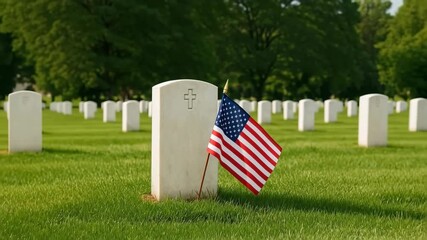 American military cemetery with flag on gravestone - Powered by Adobe