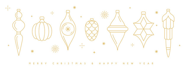 Set of line art holiday Christmas tree toys, baubles, knick knacks, decorations on white background. Vector illustration