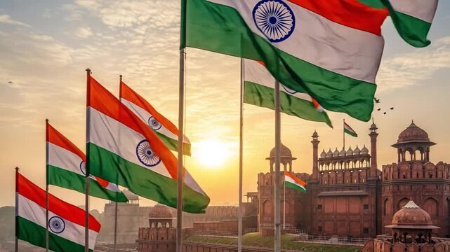 National pride: Indian flags gracefully waving at the iconic Red Fort during sunrise
