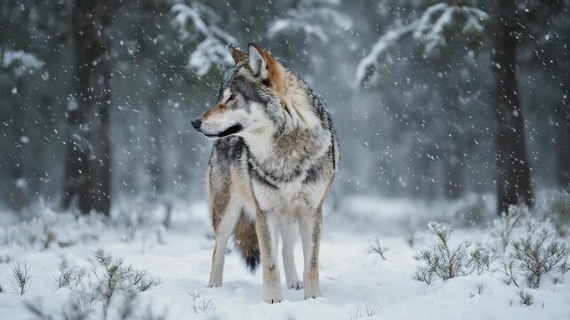 A majestic grey wolf stands alert in a snow-covered forest during a winter snowfall, looking to its left.