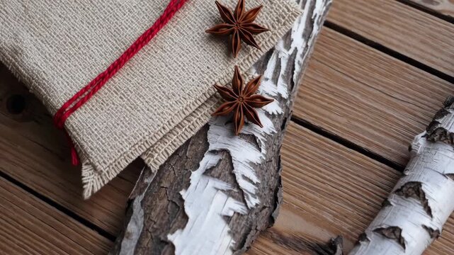 Rustic winter theme with burlap journal, birch bark, and star anise on wooden table