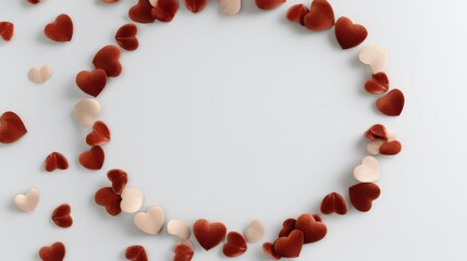 Obraz premium Beautiful arrangement of scattered heart-shaped petals on smooth surface for romantic themes, love celebrations, or Valentine's Day decorations and cards.