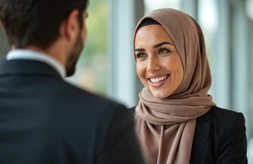 Smiling Muslim businesswoman talks with male colleague at event. Wears hijab headscarf, looks happy during business meeting. Pro young Arab lady engages in friendly discussion, networking. Two people