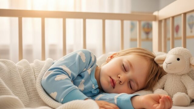 Peaceful slumber: Little child sleeping soundly in a cozy crib with soft lamb toy