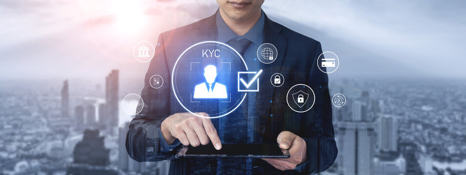 Digital KYC verification with biometric scan, ID authentication, and financial security icons representing identity verification, secure onboarding, fraud prevention, and compliance Vouch