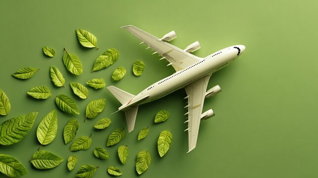 Sustainable travel concept: White passenger airplane flying through a green landscape of fresh leaves, symbolizing eco-friendly aviation and environmental consciousness