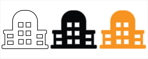 Three building icons outline, black, orange silhouettes isolated on white