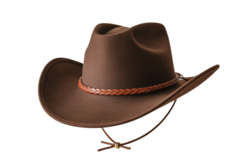 Brown felt cowboy hat with leather band and chin strap