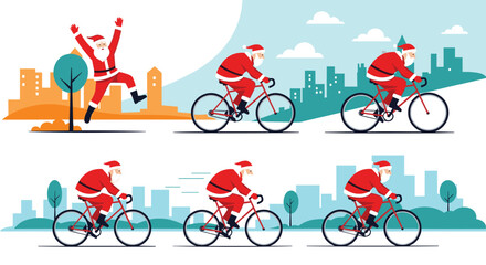 Fototapeta premium Festive Santa Claus is depicted cycling and joyfully celebrating in a modern city setting, showcasing healthy holiday spirit.