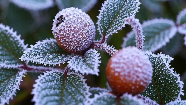 Frostcovered berry and leaves in a winter morning closeup scene