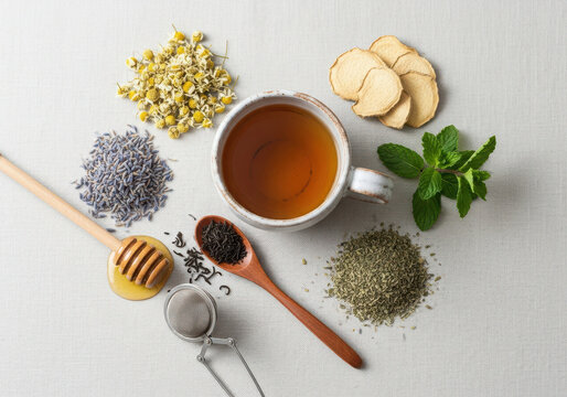 Herbal tea ingredients arranged around a cup of hot tea