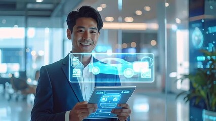 Asian Man Designs Car on Tablet with Hologram - Powered by Adobe