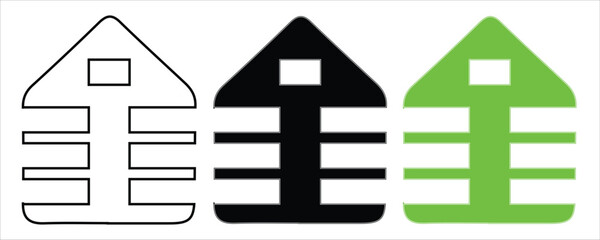 Three abstract house symbols outline, black, and green, on